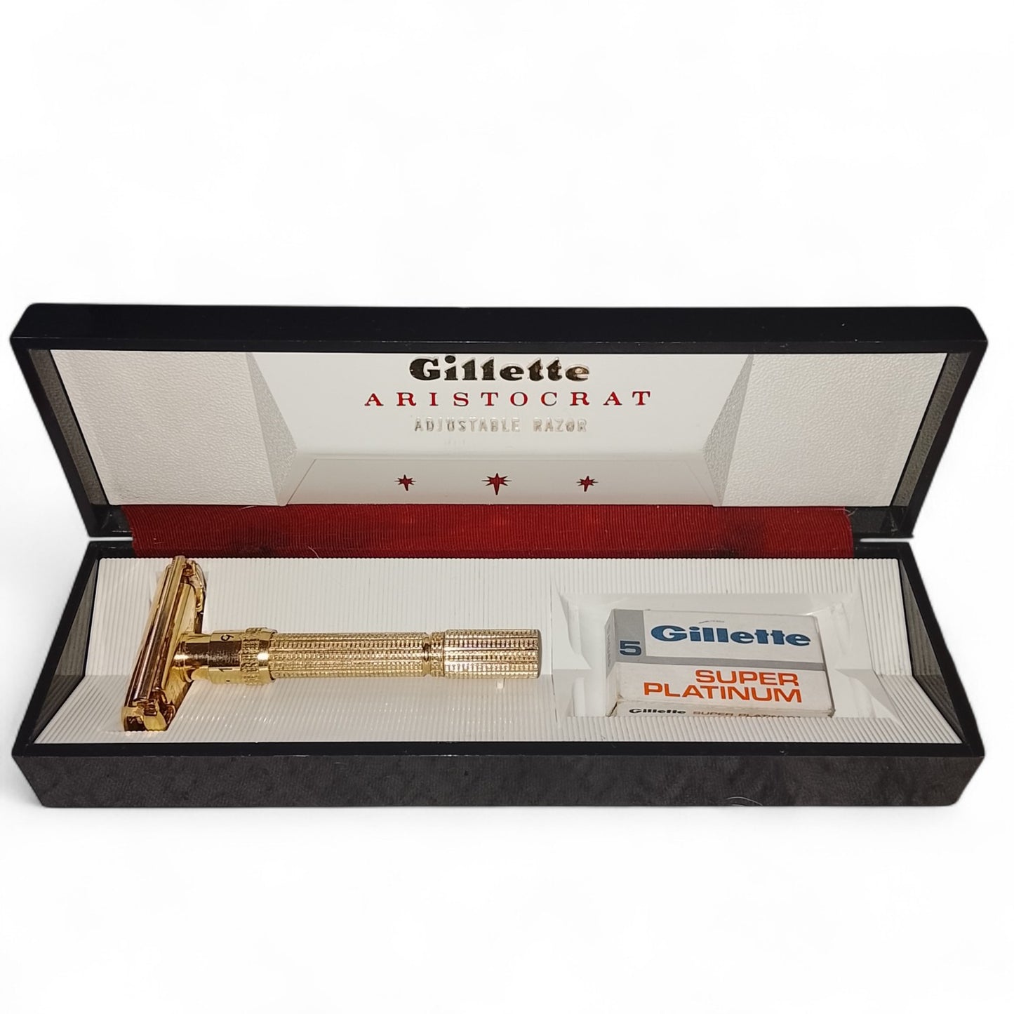 Gillette Aristocrat Maquinilla Afeitado Clasico dorada en estuche vintage con paquete de hojas Super Platinum