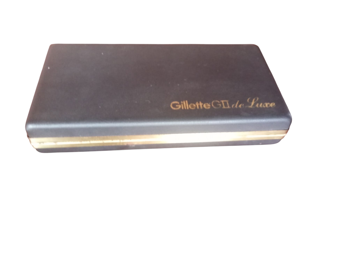 Estuche vintage negro con logo dorado para Maquinilla Gillette G II de Luxe Afeitado Clasico. Caja rígida rectangular