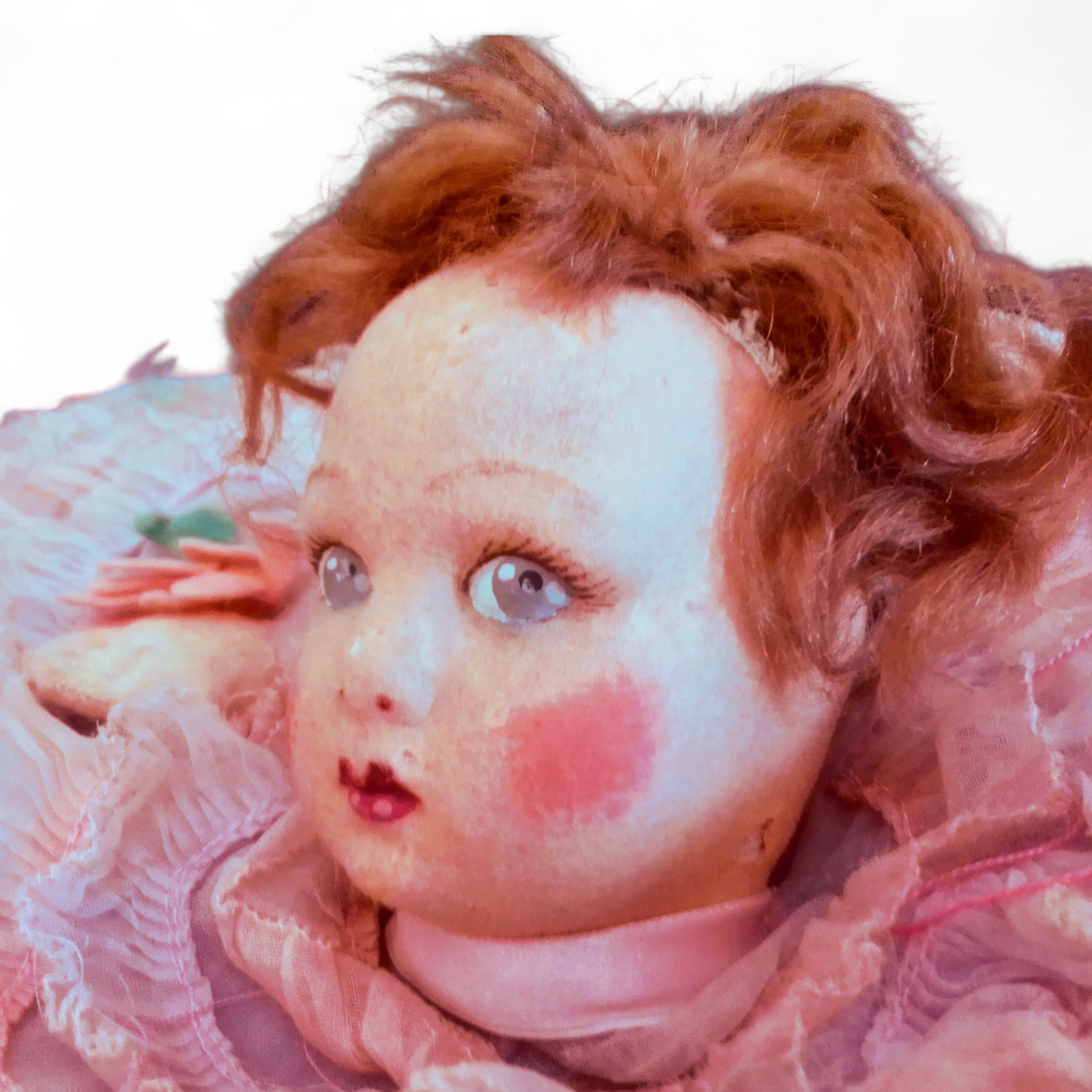 Muñeca antigua coleccion lenci. Muñeca de trapo con rostro pintado mejillas sonrosadas y vestido rosa