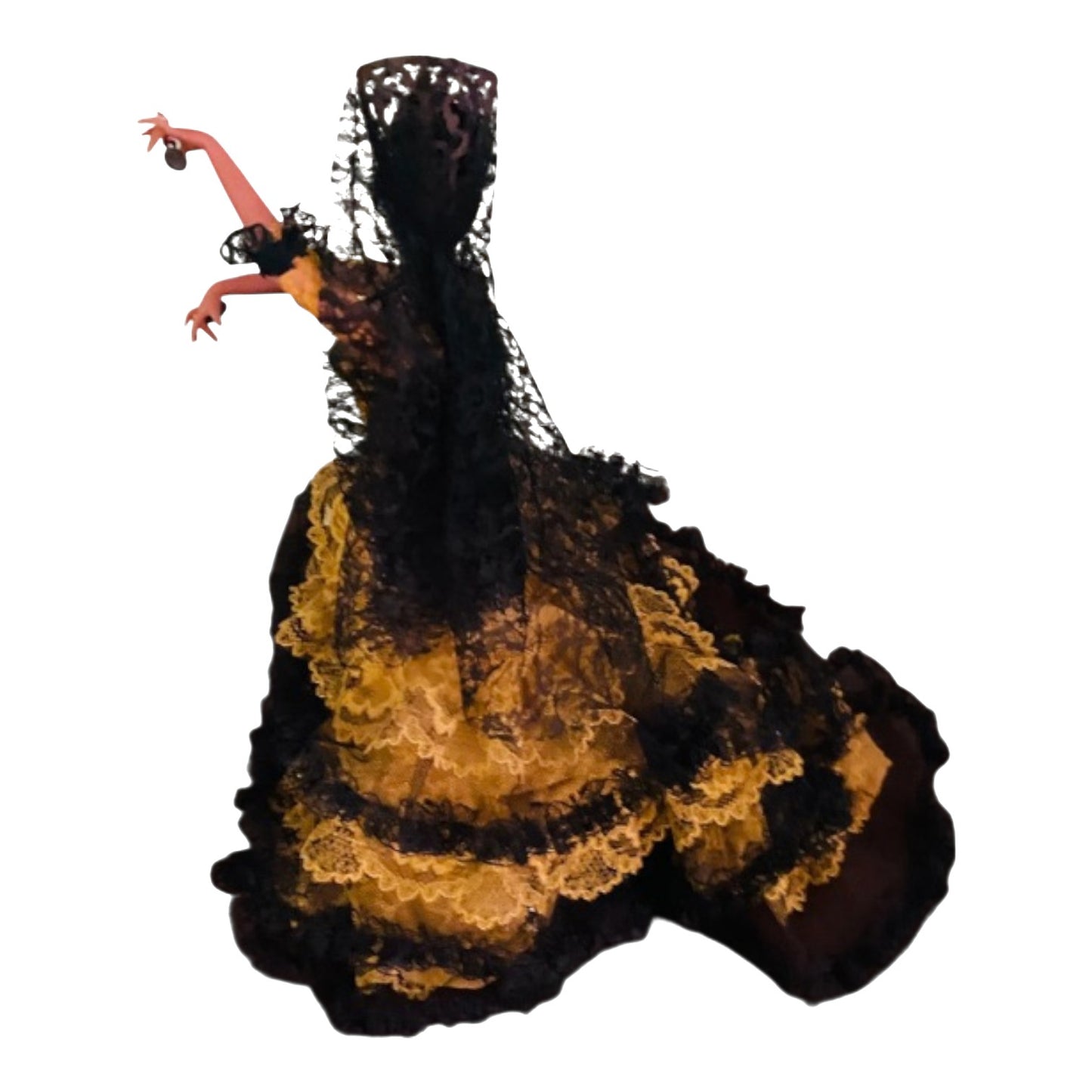 Muñeca Flamenca Vintage Original Marin Chiclana con vestido negro y amarillo de encaje, mantilla y castañuelas