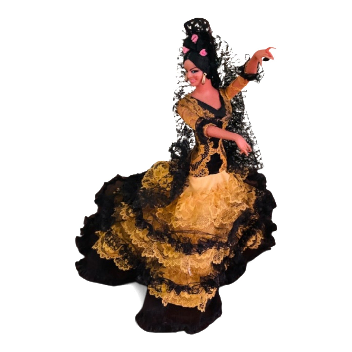 Muñeca Flamenca Vintage Original Marin Chiclana con vestido amarillo y negro mantilla de encaje y peineta