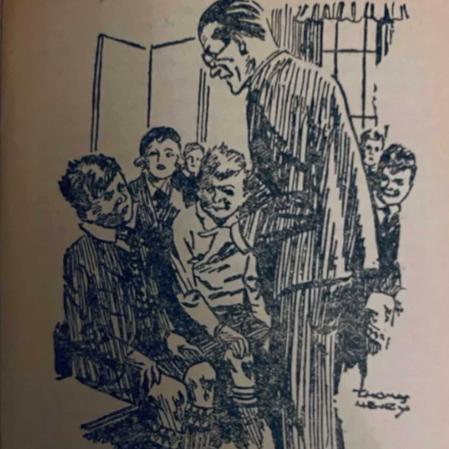 Pagina de libro con ilustracion vintage de maestro reganando a un grupo de ninos Guillermo Literatura juvenil