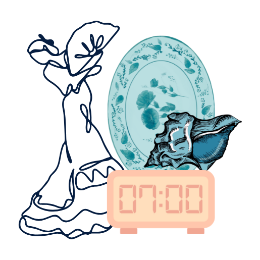 Colección de objetos vintage para el hogar con jarrón decorativo lineal, plato floral, concha y reloj despertador digital