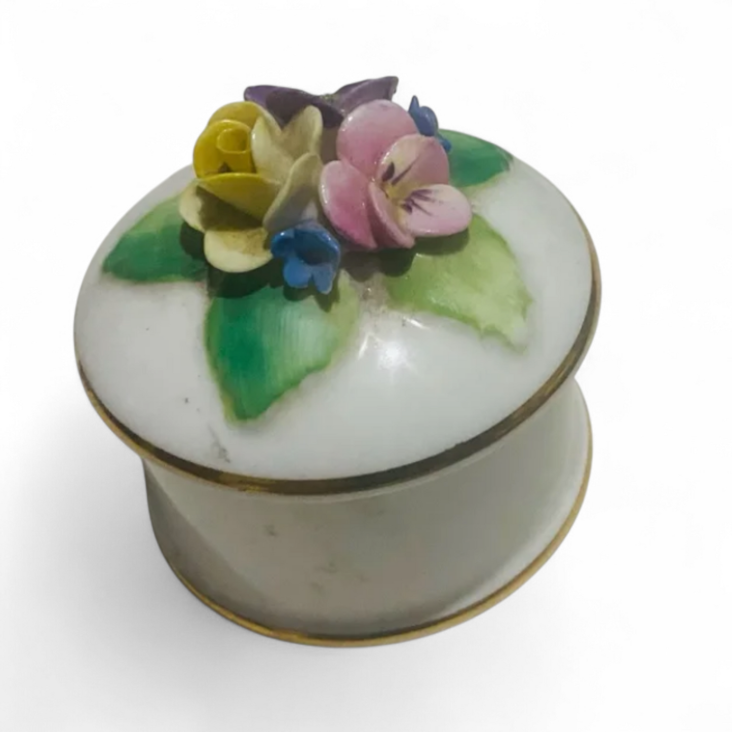 Cajita de Porcelana vintage inglesa de La Casa de los Laureles caja redonda blanca con flores de porcelana y borde dorado