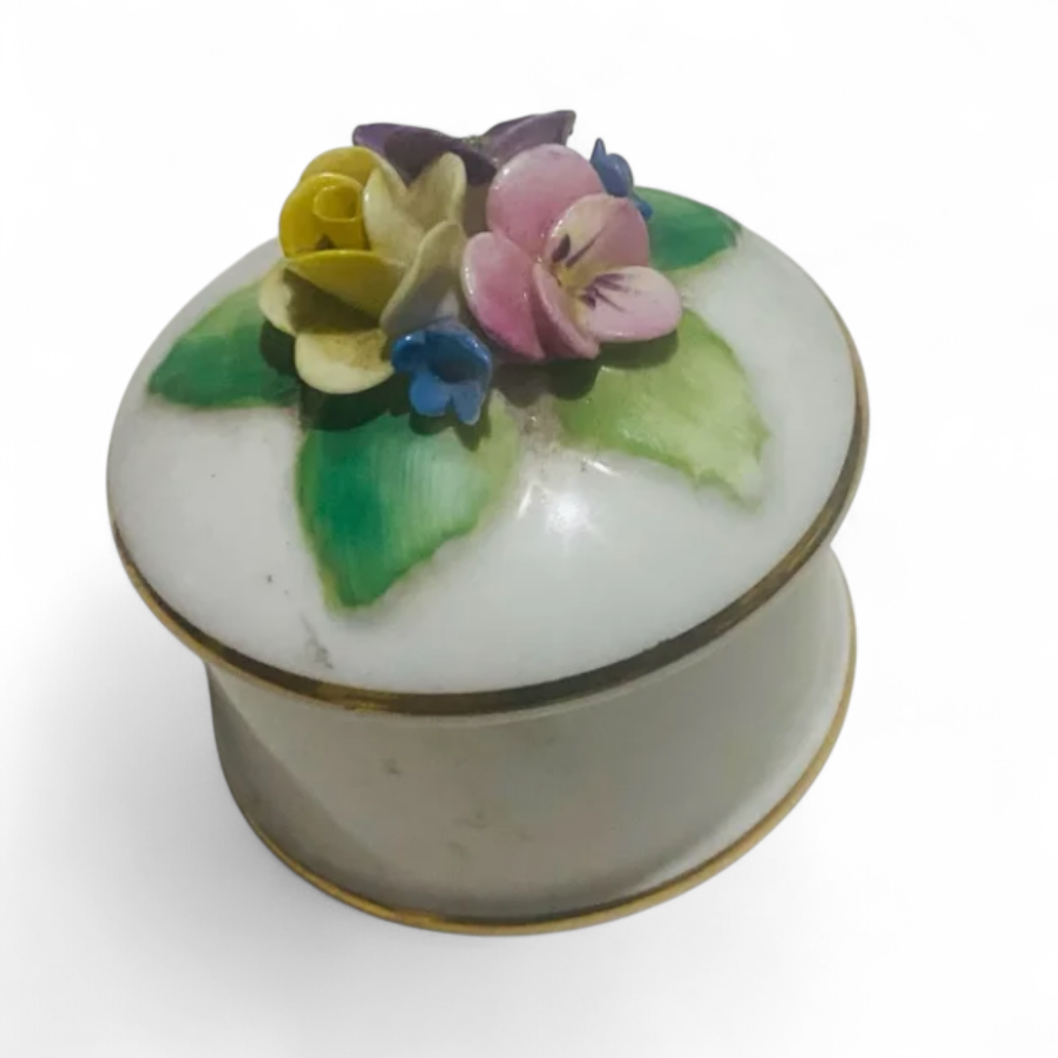 Cajita de Porcelana vintage inglesa de La Casa de los Laureles caja redonda blanca con flores de porcelana y borde dorado