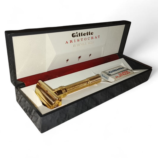 Gillette Aristocrat Maquinilla Afeitado Clasico de doble filo dorada vintage en estuche con hoja