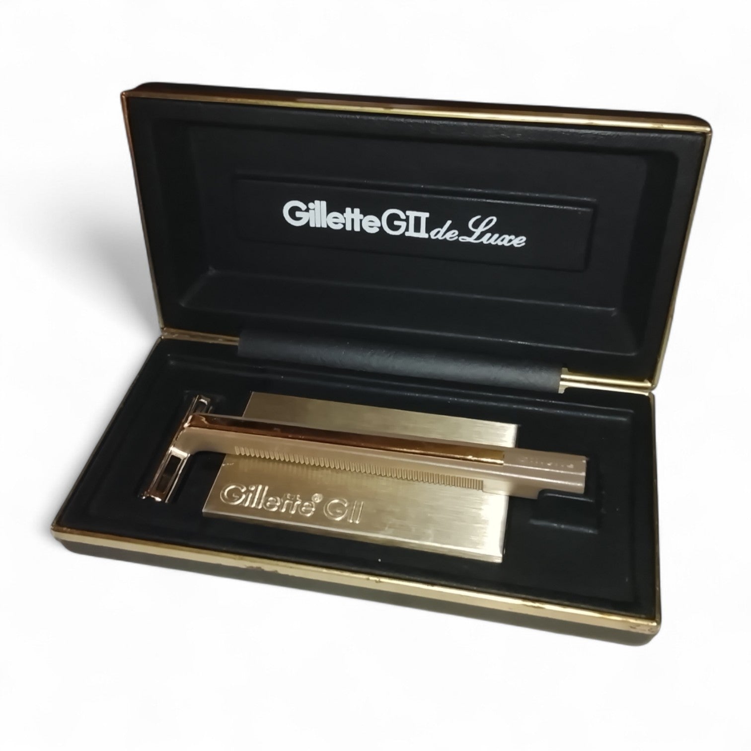 Maquinilla Gillette G II de Luxe Afeitado Clasico set vintage dorado en estuche negro con placa Gillette GII