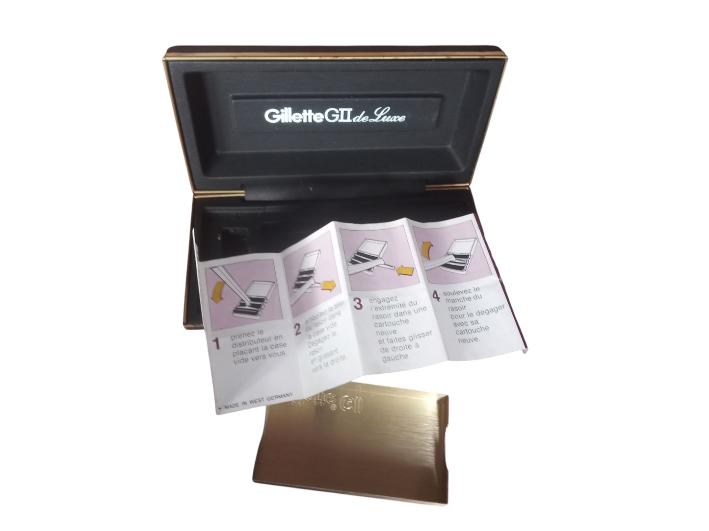 Maquinilla Gillette G II de Luxe Afeitado Clasico en estuche negro abierto con folleto de instrucciones